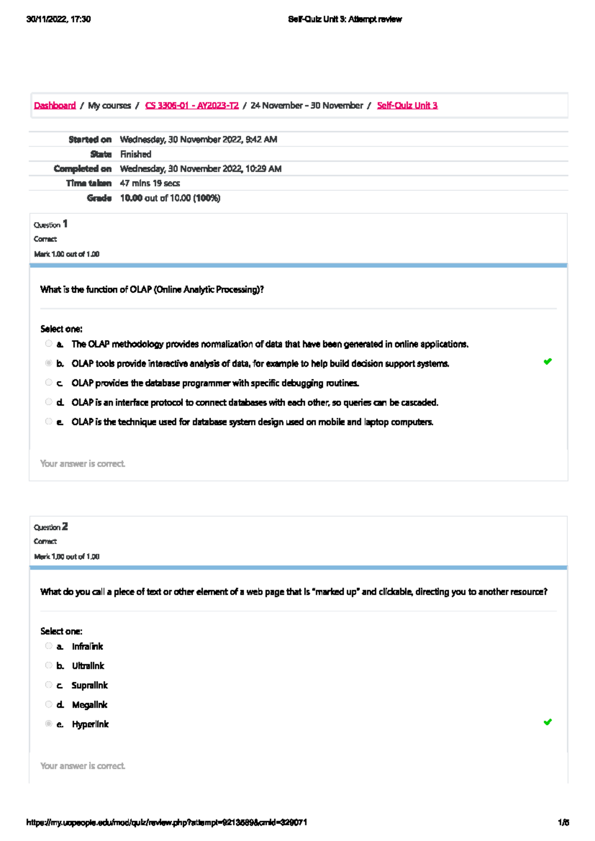 Self Quiz Unit 3 - CS3306: Comprehensive Review and Answers - Studocu