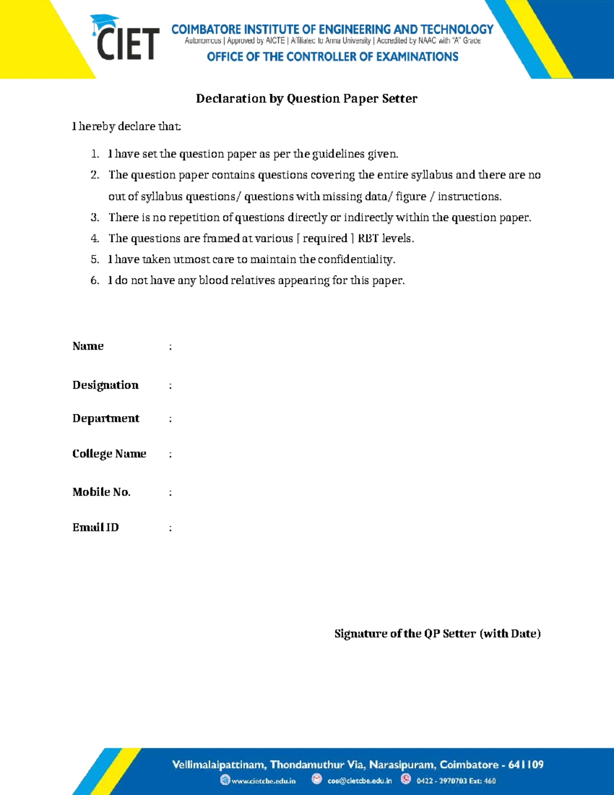 Acceptance Letter for QP Setter - Coimbatore Institute of Engineering ...