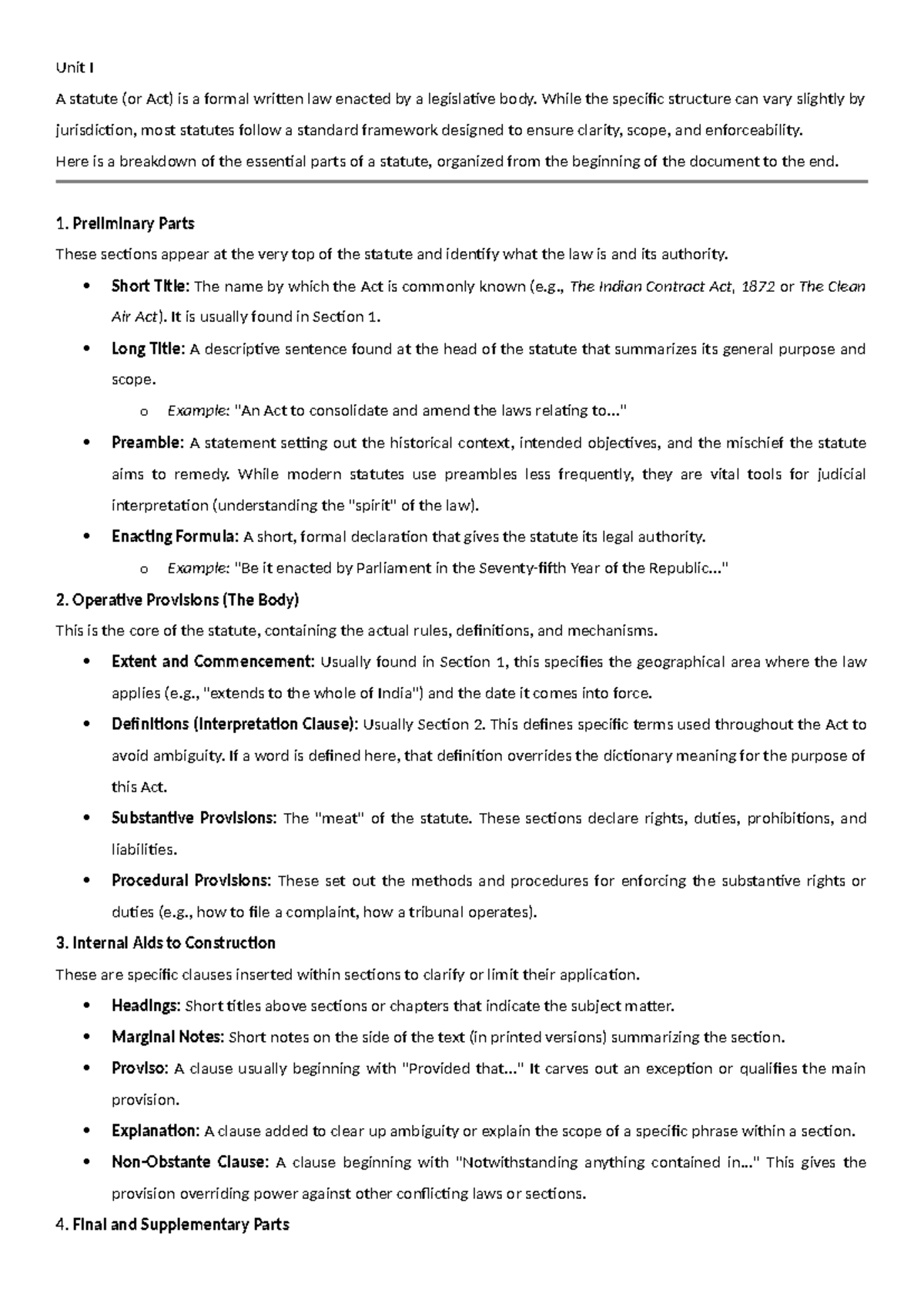 Unit I: Breakdown of Statute Parts and Their Functions - Studocu