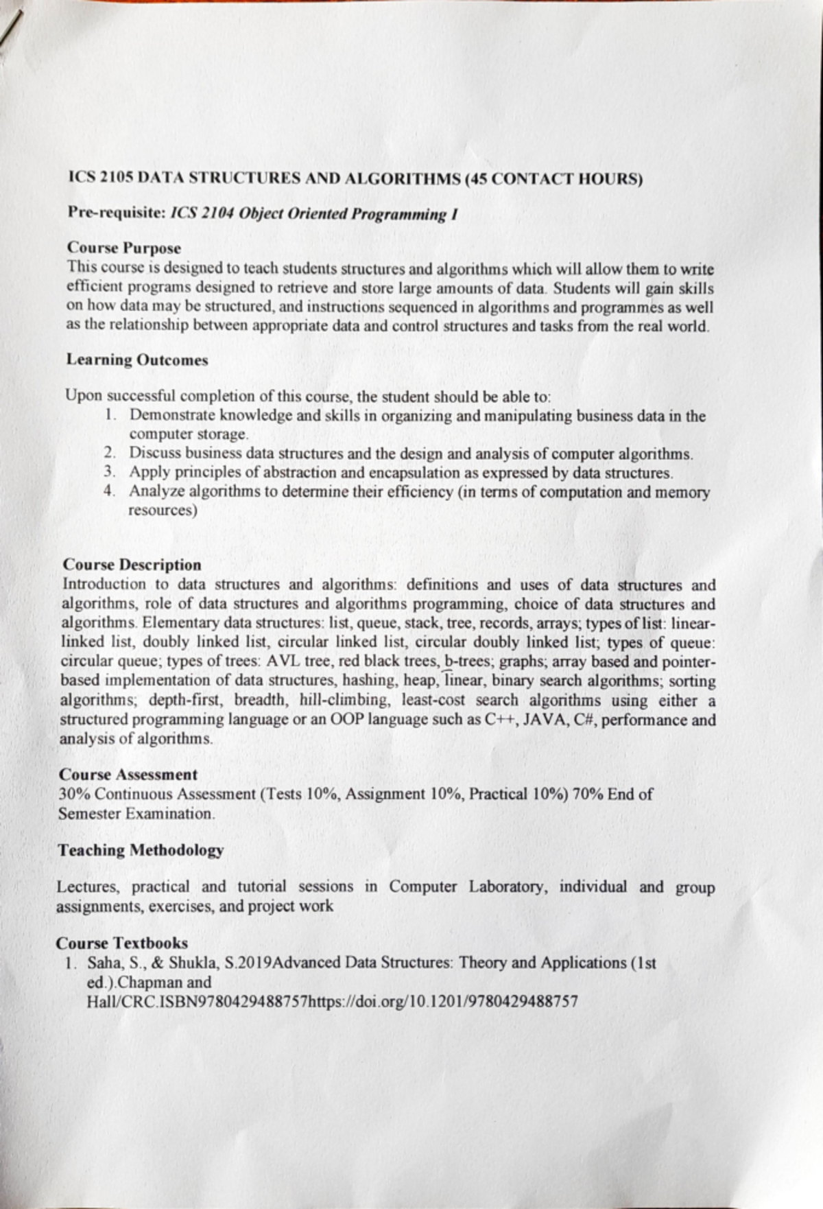 ICS 2105 Data Structures and Algorithms Course Overview and Objectives ...