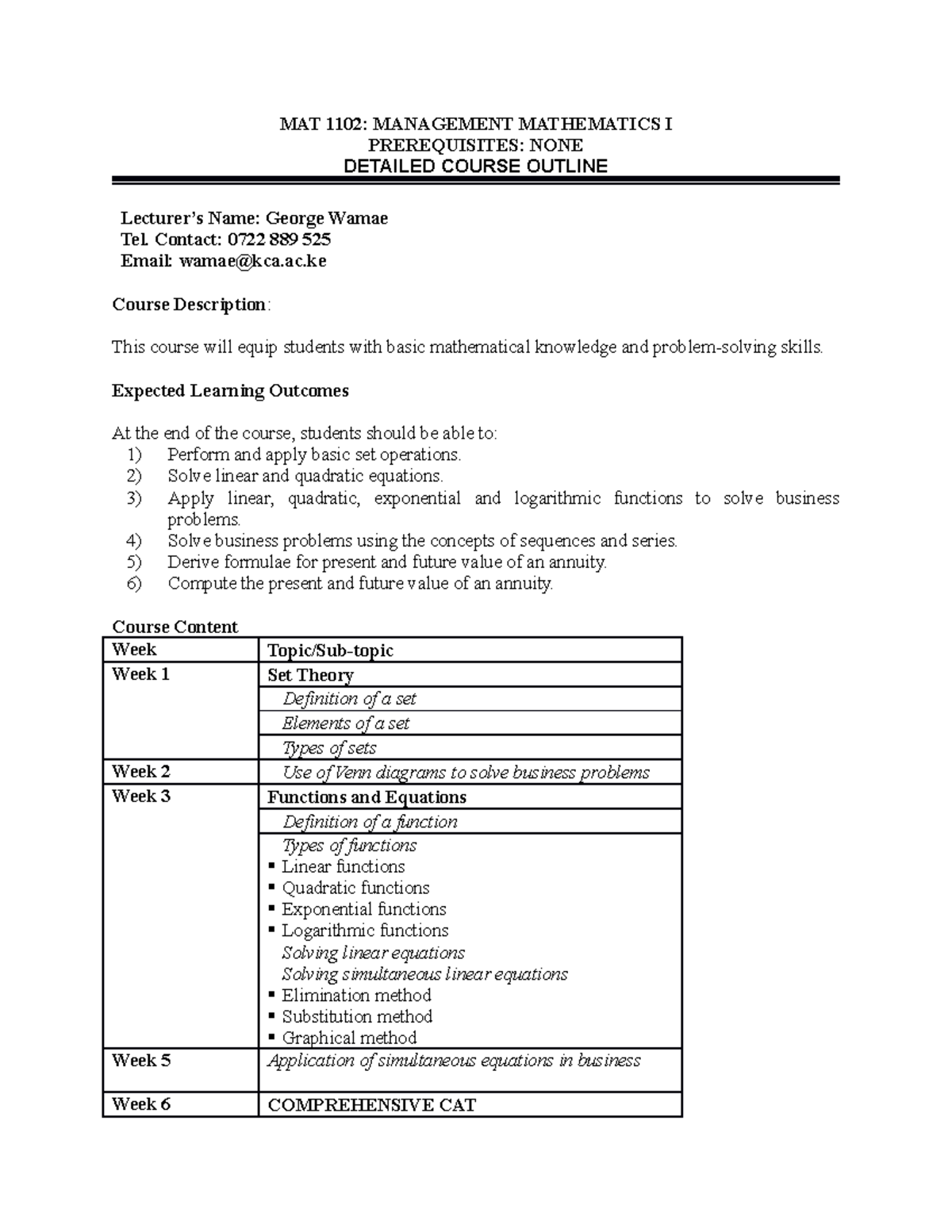 MAT 1102 Management Mathematics I Course Outline and Expectations - Studocu