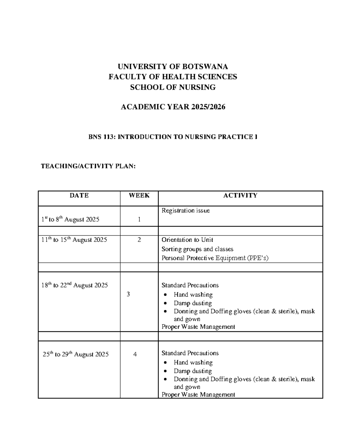 BNS 113 Teaching Plan: Intro to Nursing Practice I Activities - Studocu
