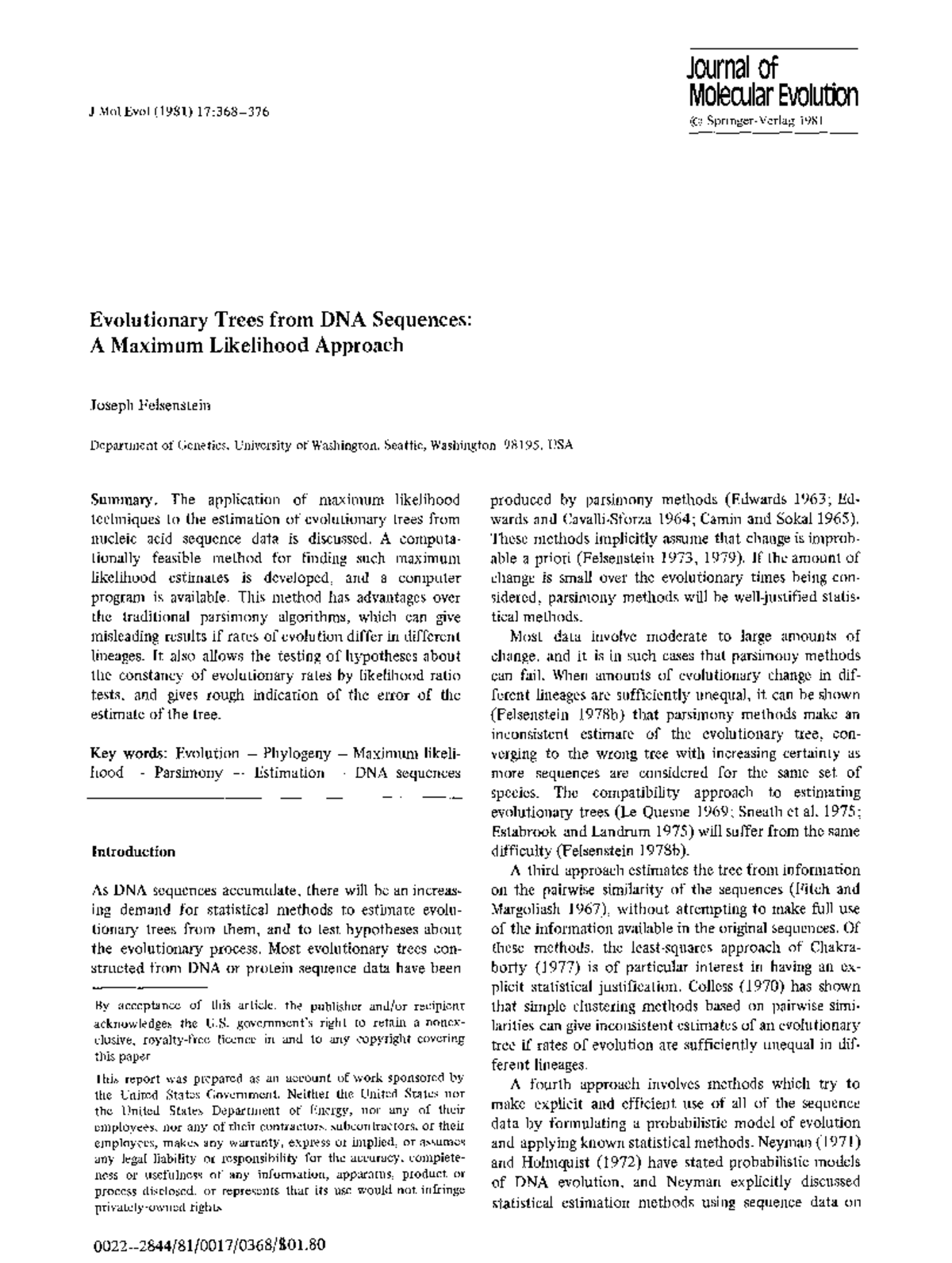 BF01734359 - Maximum Likelihood Estimation of Evolutionary Trees from ...