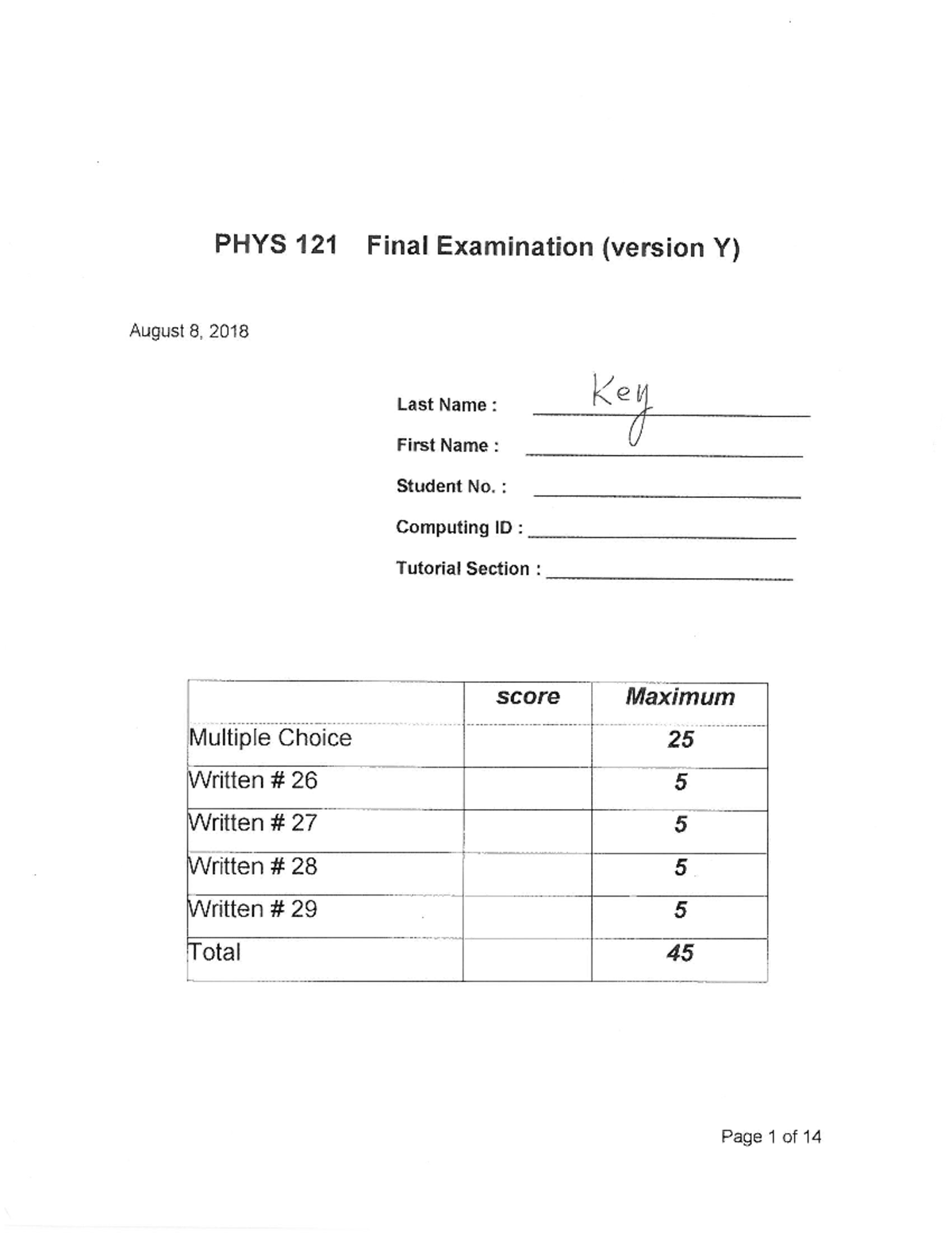 PHYS 121 Final Exam Solutions (Version Y) - August 2018 - Studocu
