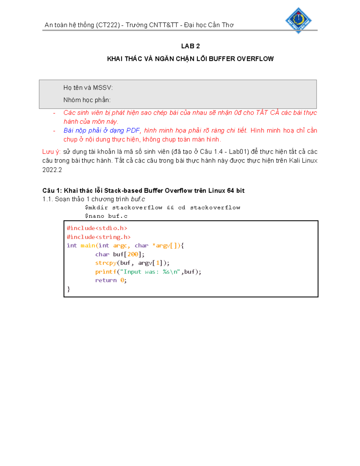 ATHT Lab 2 - Khai thác lỗi Buffer Overflow trên Linux 64 bit - Studocu
