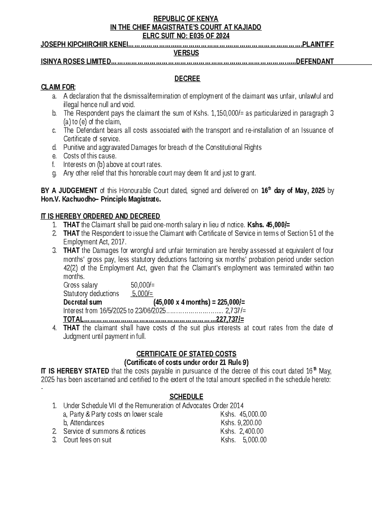 Decree in ELRC Suit No. E035 of 2024: Joseph Kipchirchir v. Isinya ...