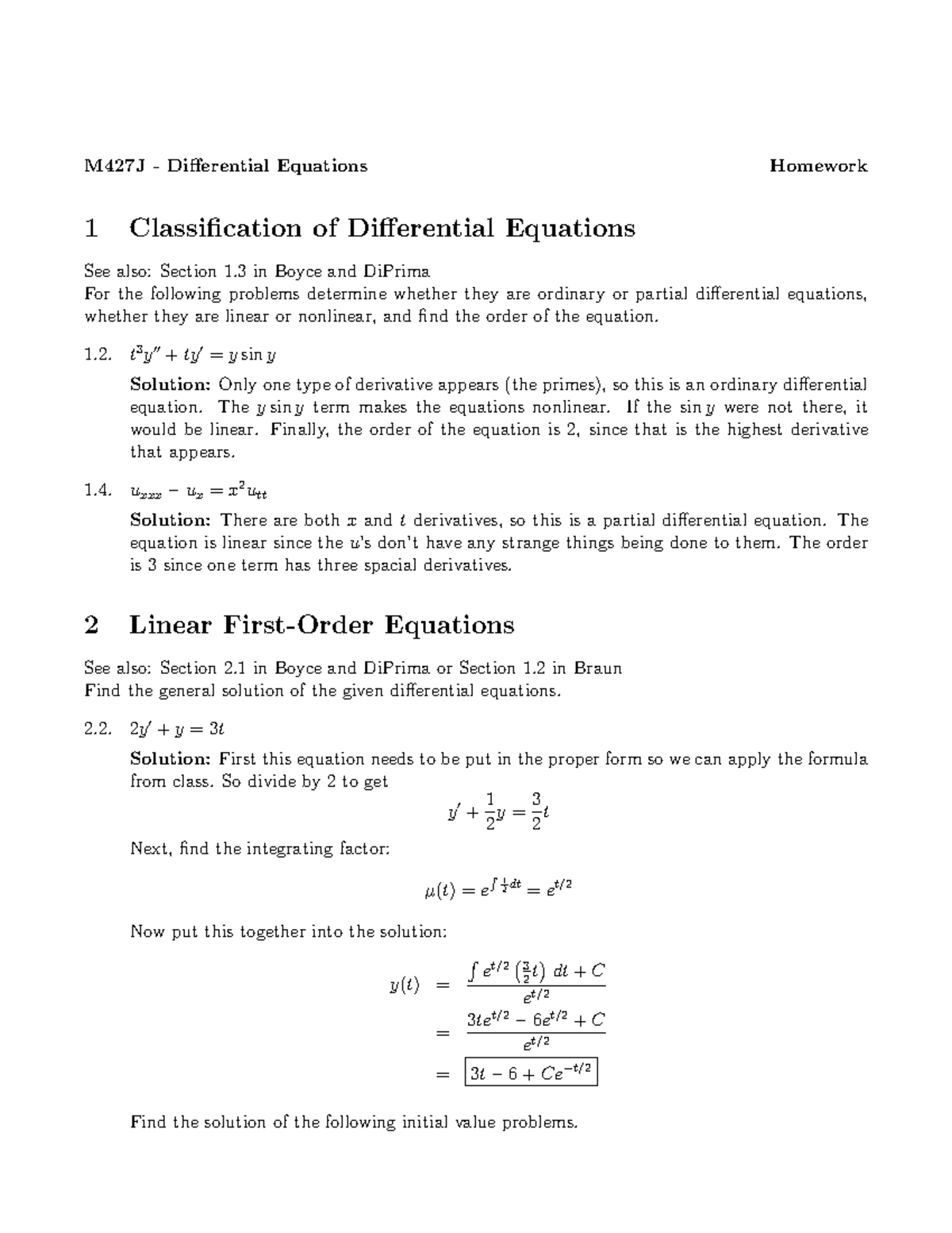 M427J Differential Equations 1 Homework Solutions and Class Notes - Studocu