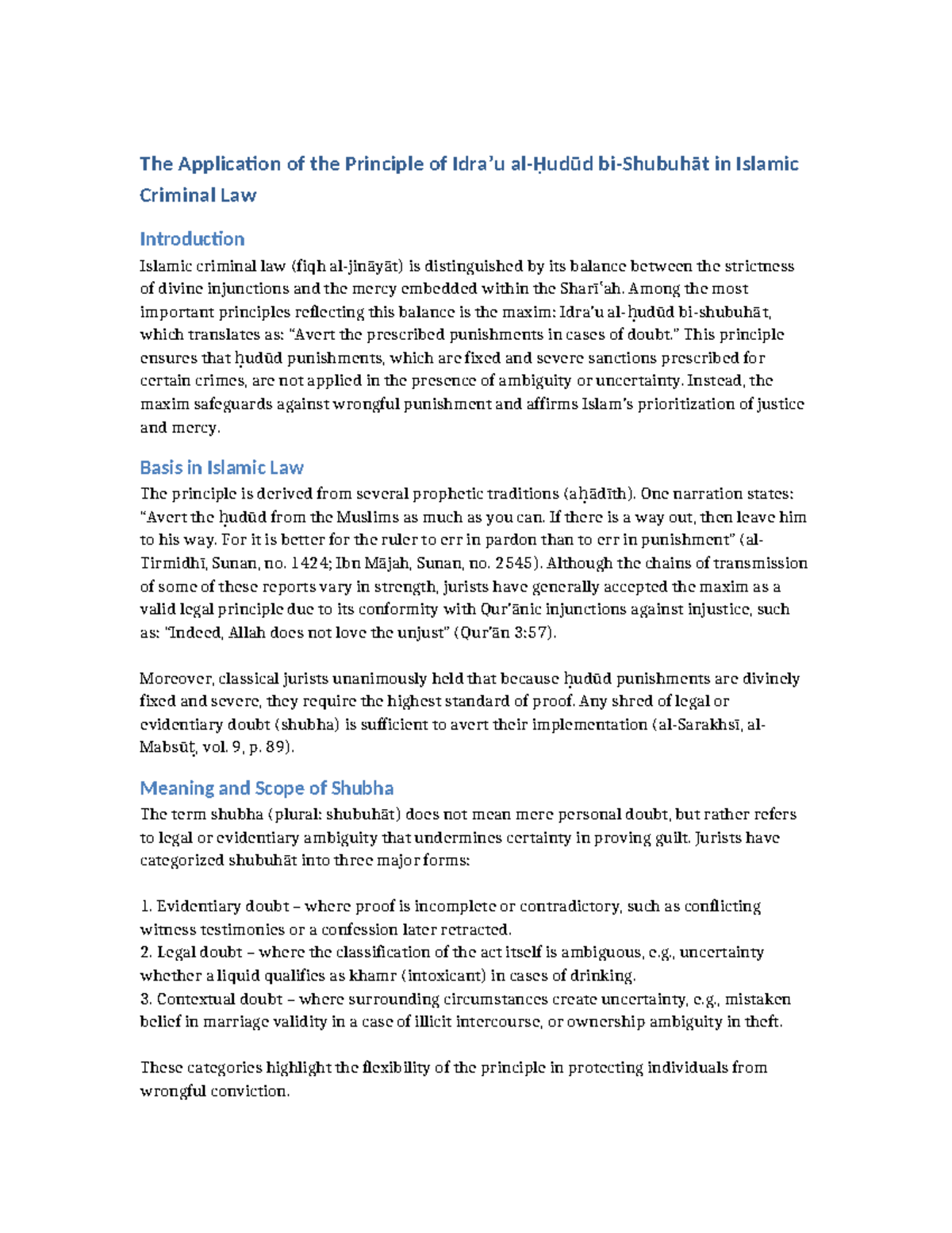 The Principle of Shubha in Islamic Criminal Law: A Study on ḥudūd - Studocu