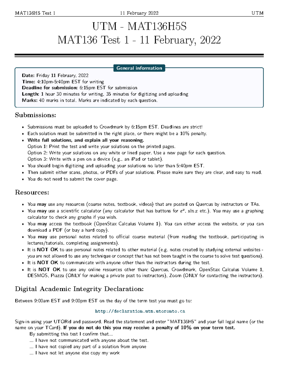MAT136H5S Test 1 - Practice Past Papers and Guidelines for 2022 - Studocu