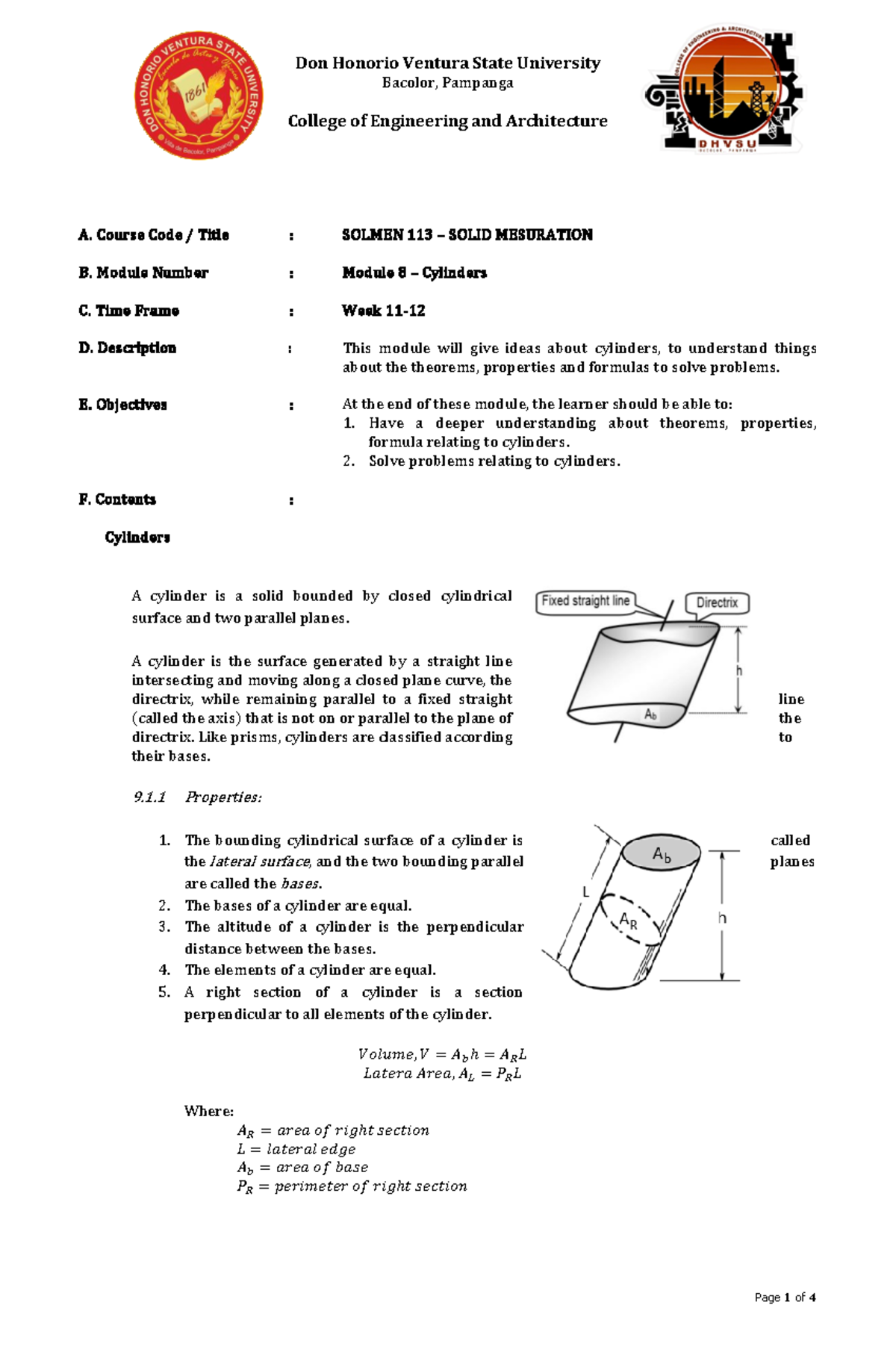 SOLMEN 113 Module 8: Understanding Cylinders in Solid Mesuration - Studocu