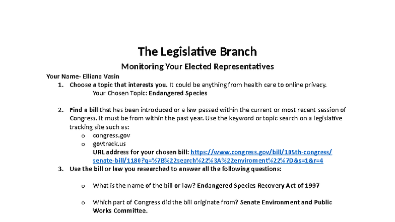 Legislative Branch Assignment: Endangered Species Recovery Act (2023