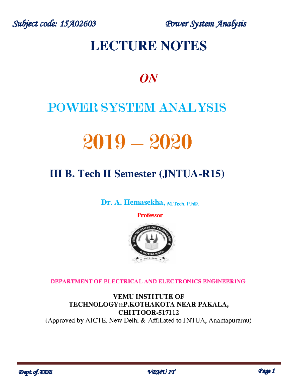 15A02603 Power System Analysis Lecture Notes (2019-2020) - Studocu