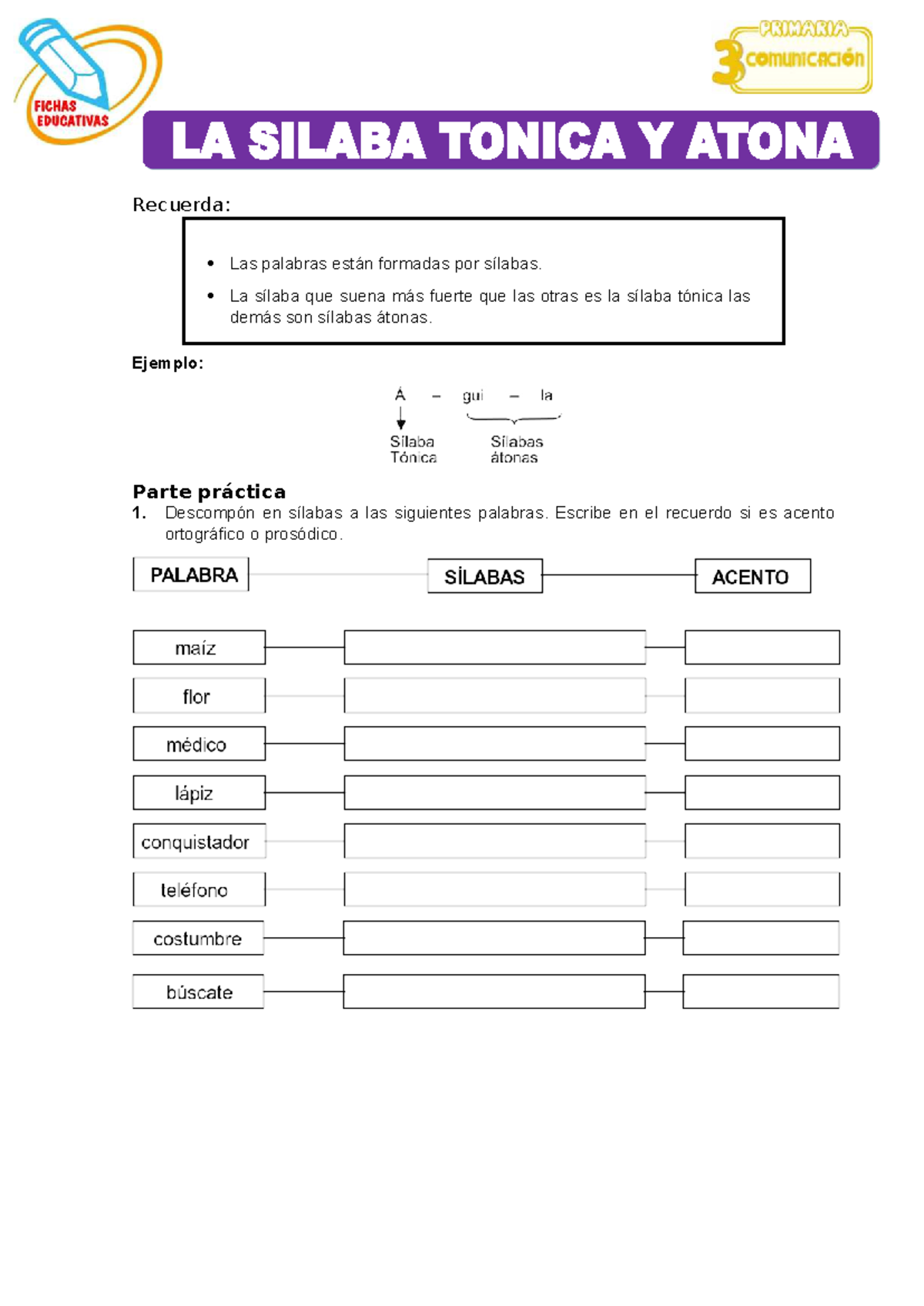 La sílaba tónica y átona: Actividades para 3er Grado de Primaria - Studocu