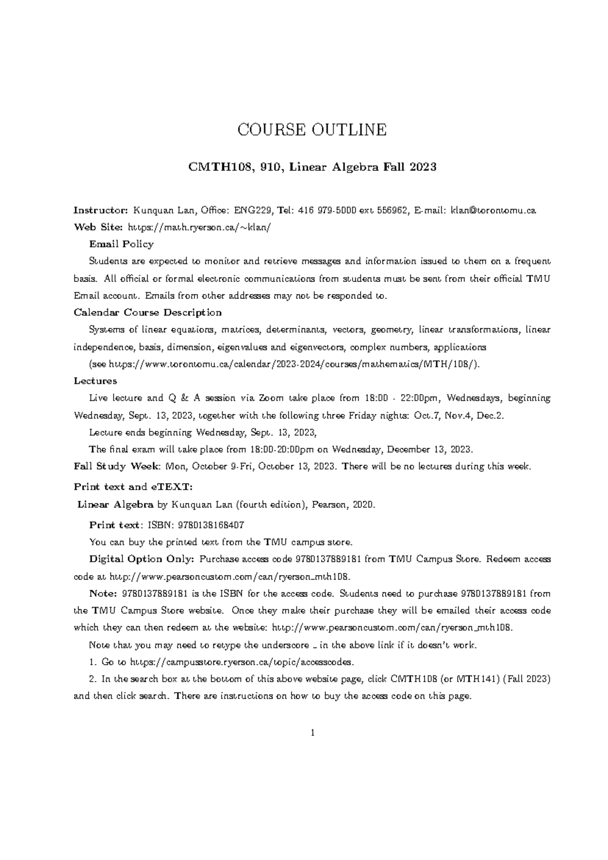 CMTH108 Linear Algebra Course Outline - Fall 2023 Edition - Studocu