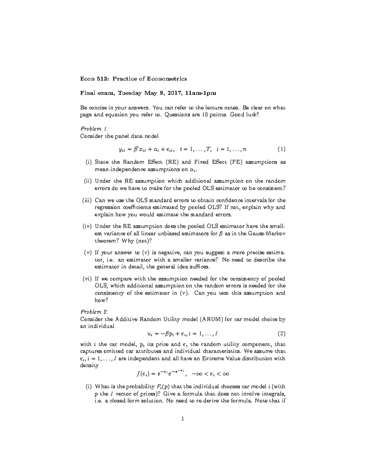 Final Exam Review for Econ 513: Econometrics USC 2017 - Studocu