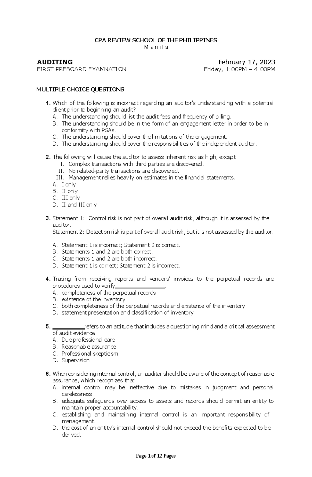 CPAR AUD 2305 1st Preboard Exam Questions and Answers - Studocu