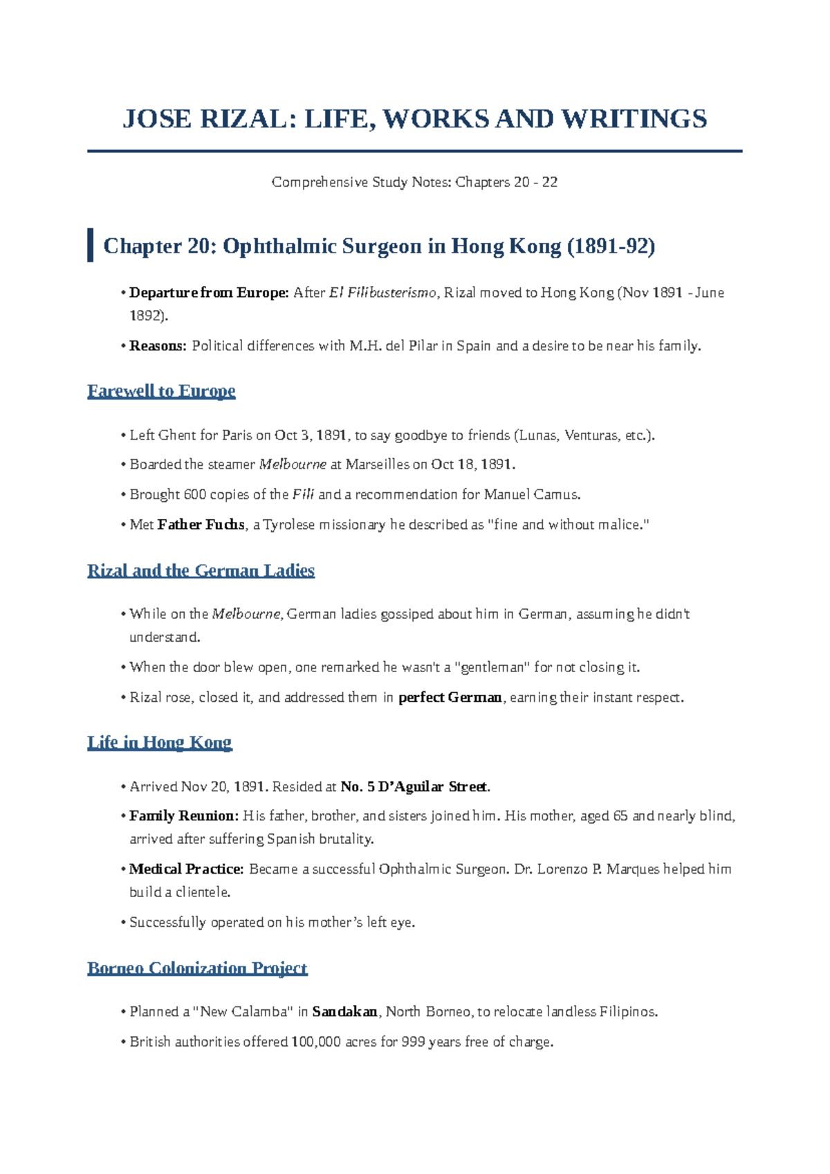 Rizal: Comprehensive Study Notes on Chapters 20-22 (Life & Works) - Studocu
