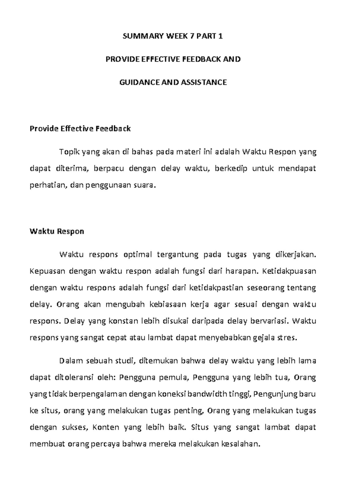 Summary Week 7 Part 2 Summary Week 7 Part 1 Provide Effective