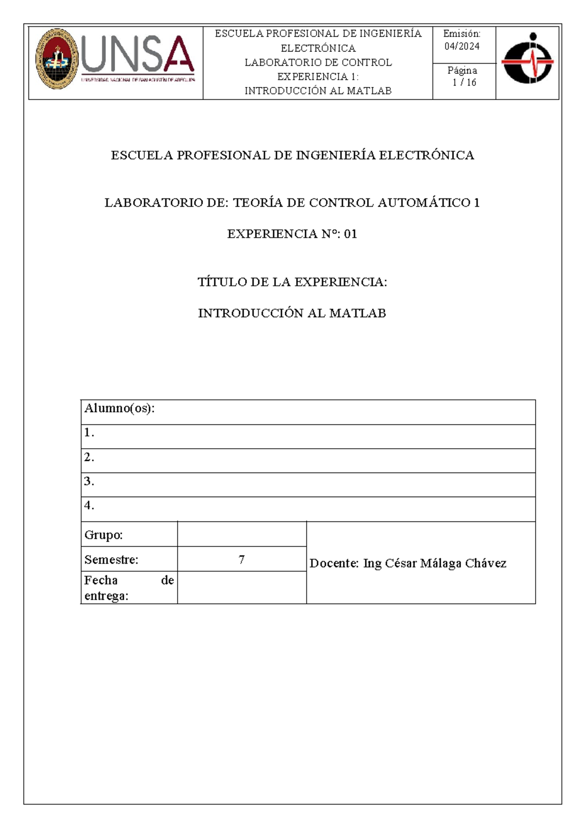 Laboratorio 1 TCA1 Introduccion AL Matlab - ELECTRÓNICA LABORATORIO DE ...