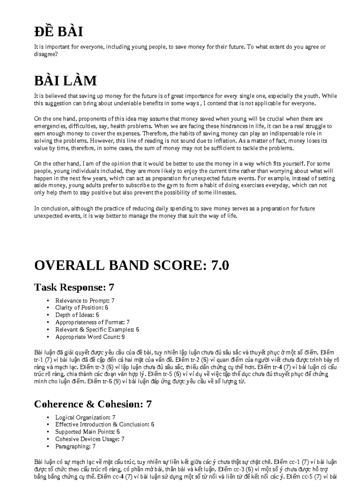 IELTS Writing Task 2: Importance of Saving Money - Band 7 Evaluation ...