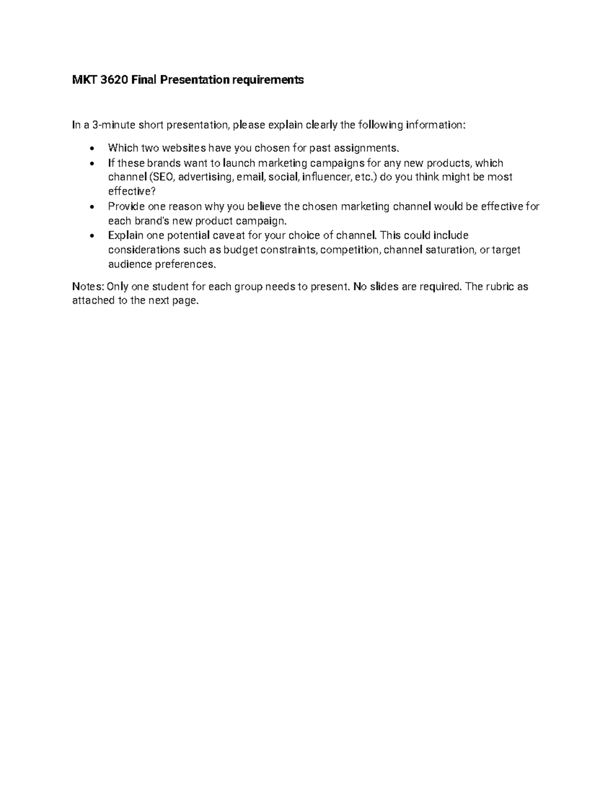 MKT 3620 Final Presentation Guidelines for Group Project 5 - Studocu