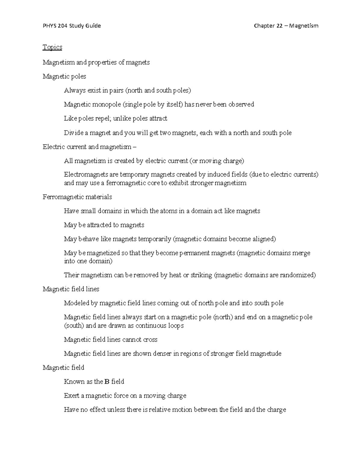 PHYS 204 Study Guide: Chapter 22 - Magnetism Concepts Explained - Studocu