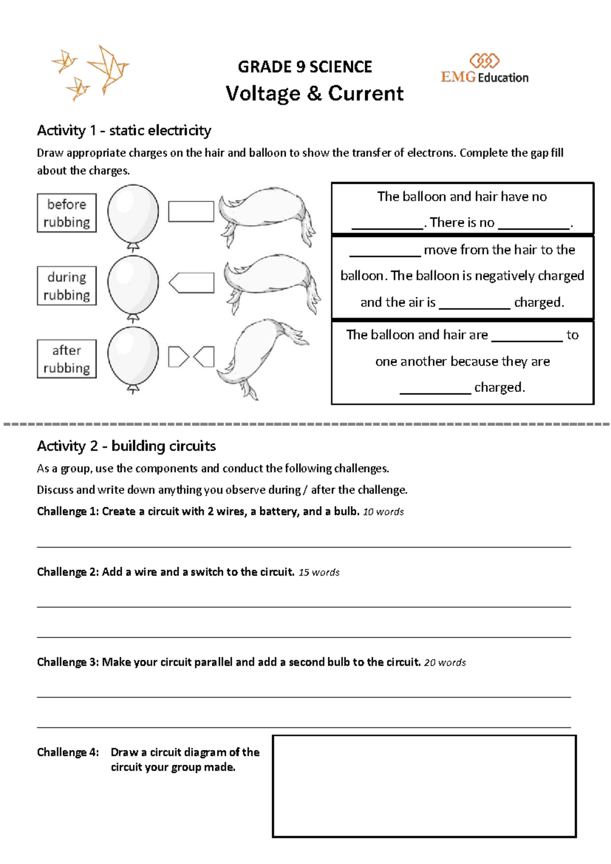 S.6.A. Voltage Current Worksheet: Static Electricity & Circuit ...