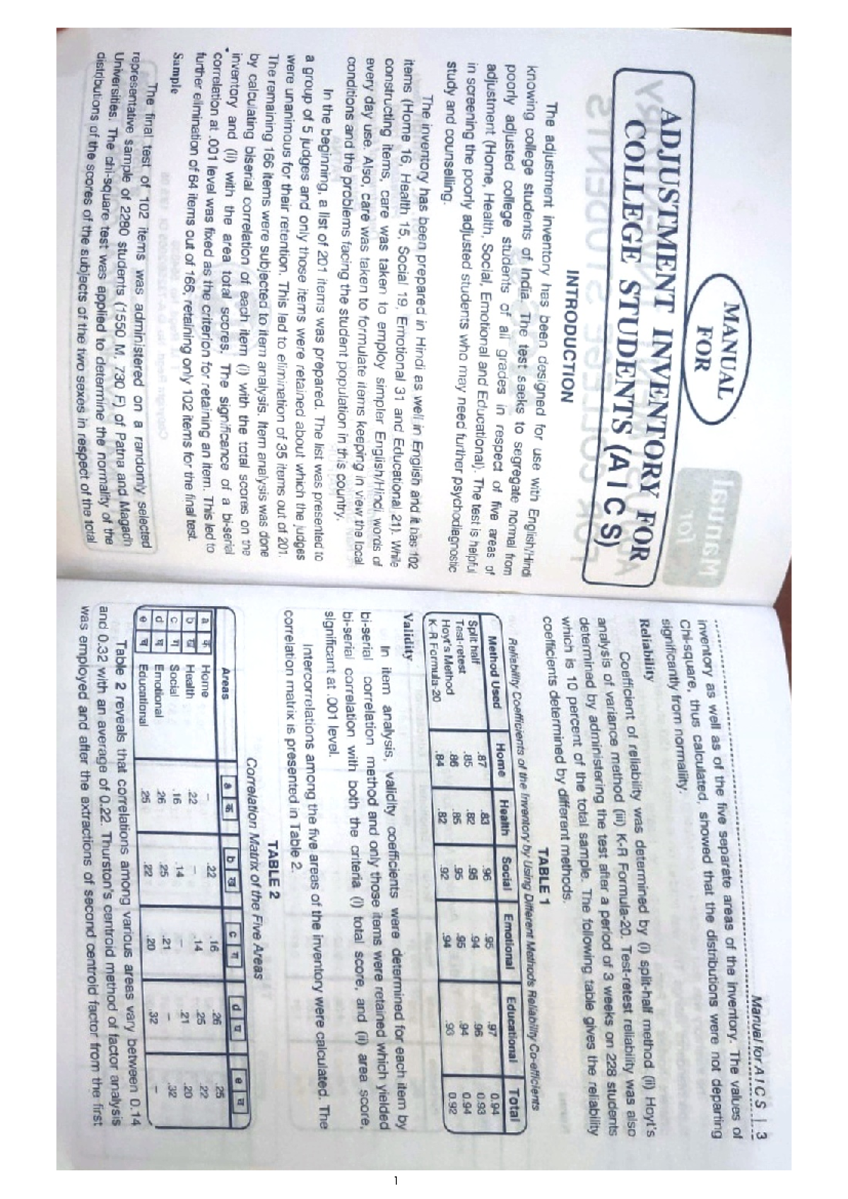 Adjustment Inventory for College Students (AICS) Manual - Studocu