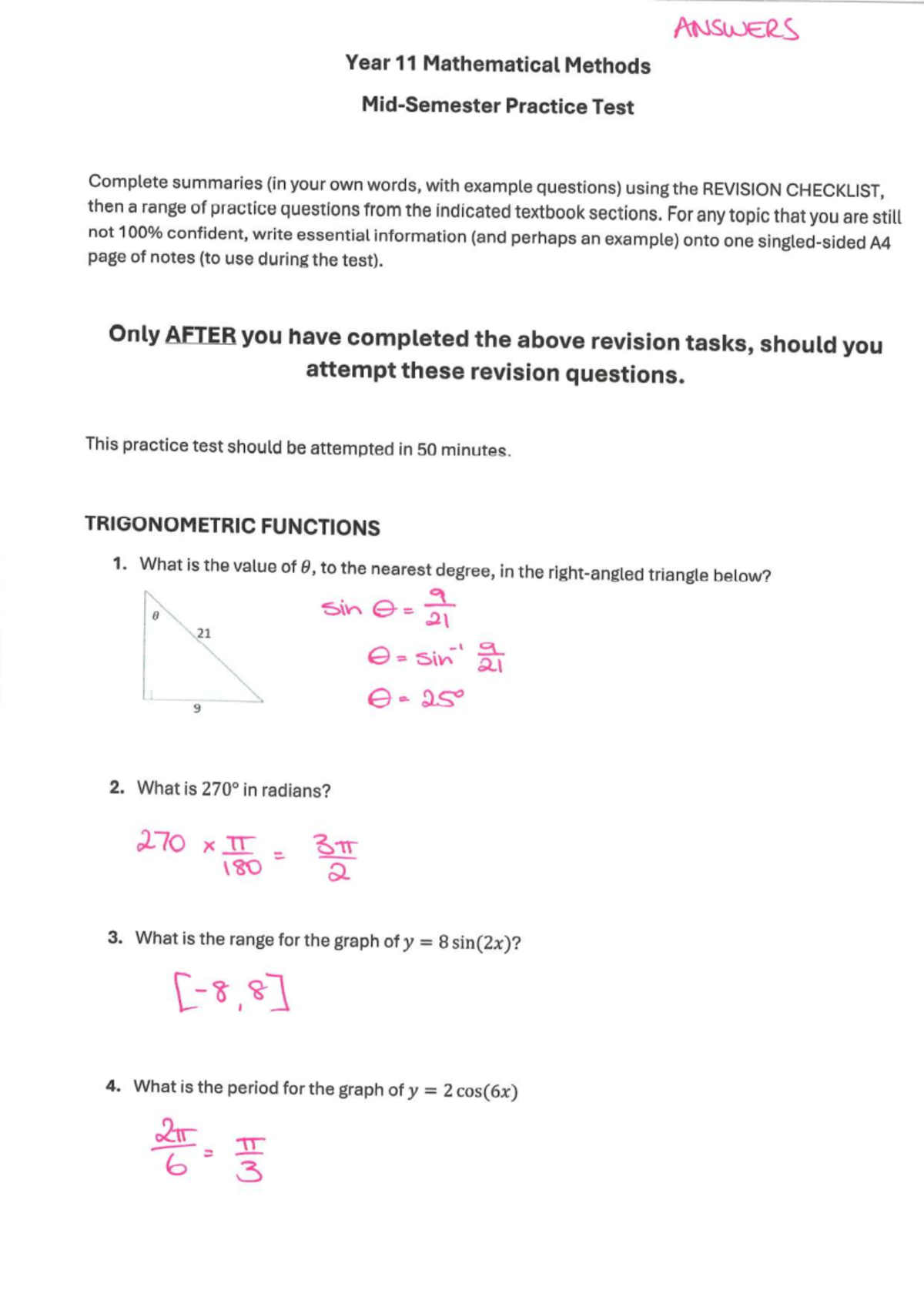 Year 11 Mathematical Methods Mid-Semester Practice Test - Studocu