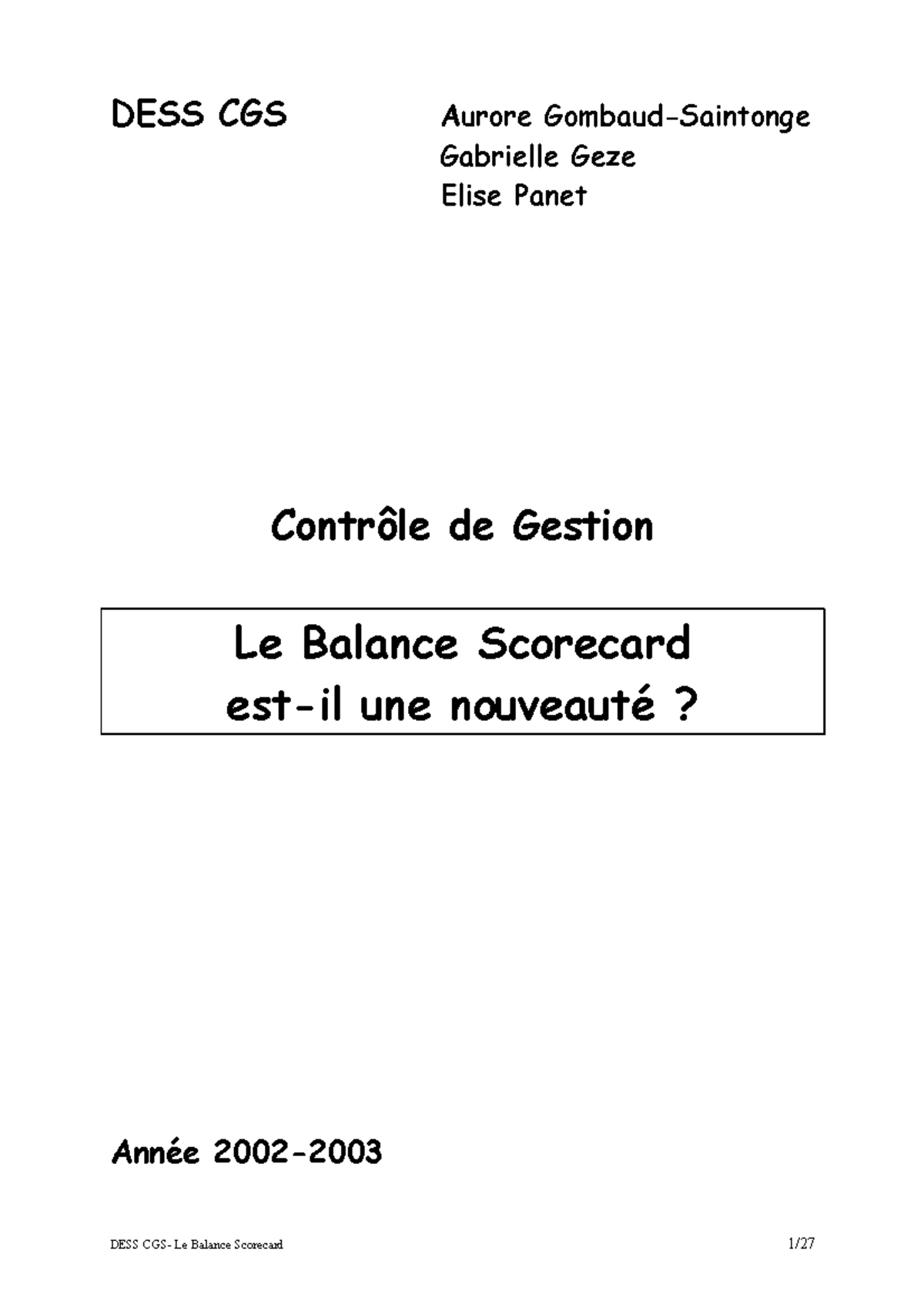 Étude sur le Balanced Scorecard en Contrôle de Gestion - DESS CGS - Studocu