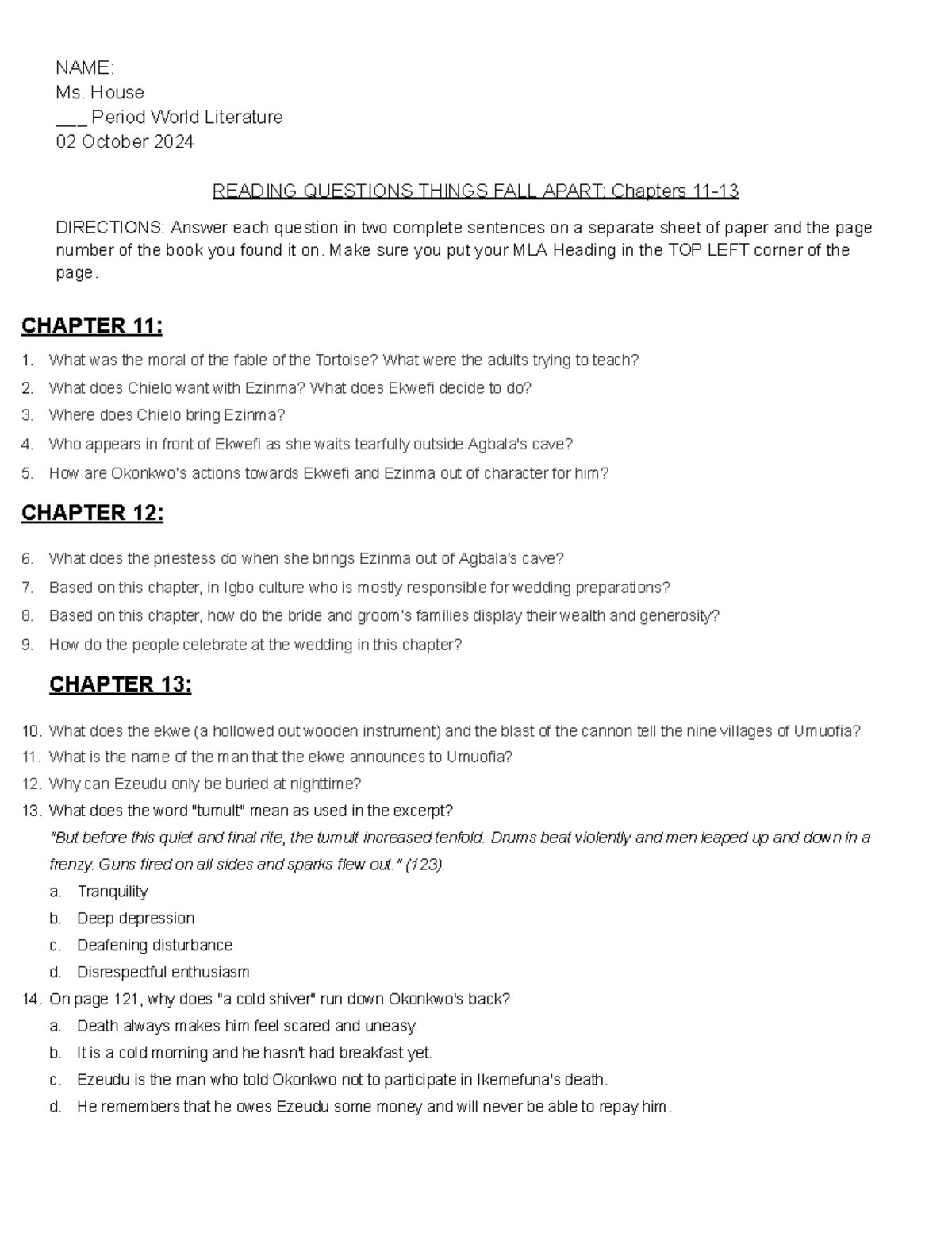 Things Fall Apart Chapters 11-13 Reading Questions Guide - Studocu