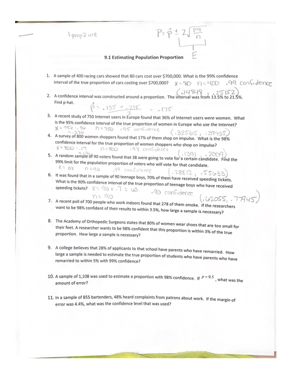 9.1 Estimating Population Proportion Worksheet - BUS 205 - Studocu
