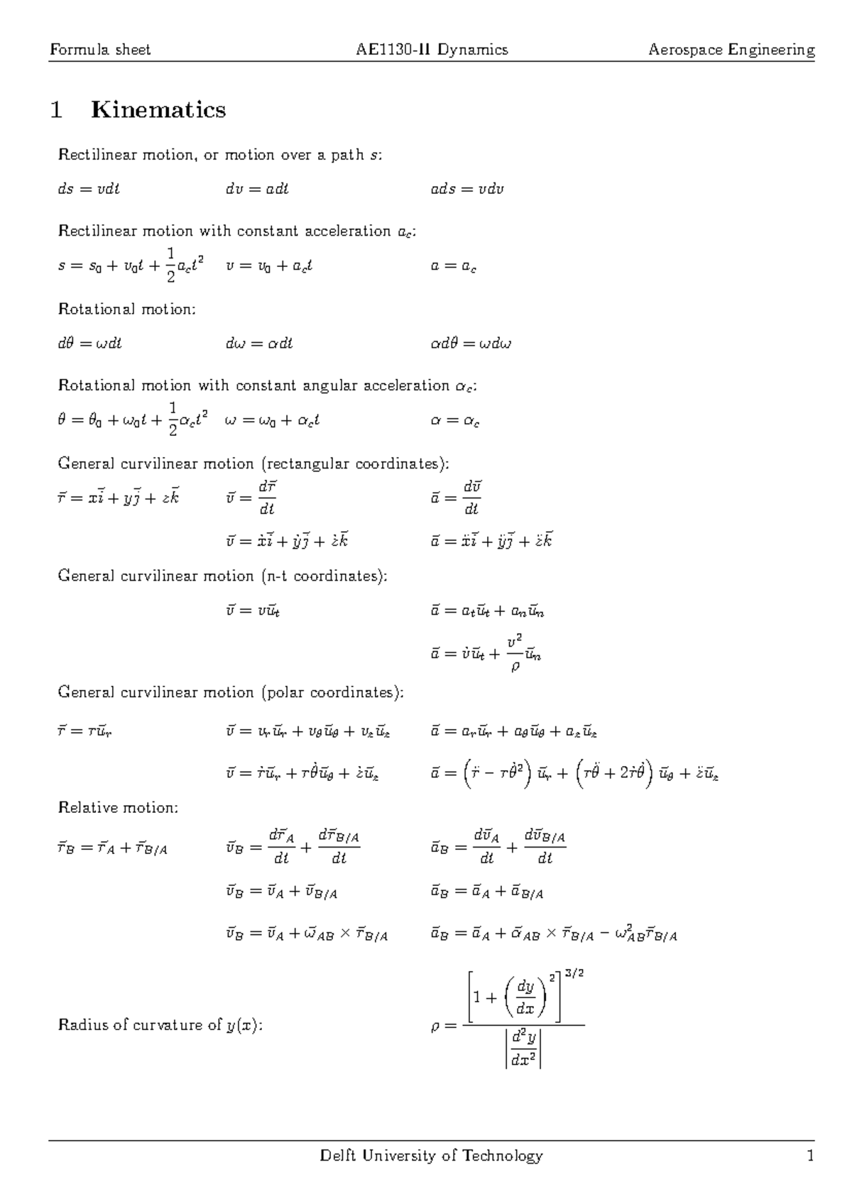 AE1130-II Dynamics Formula Sheet: Kinematics & Kinetics Overview ...