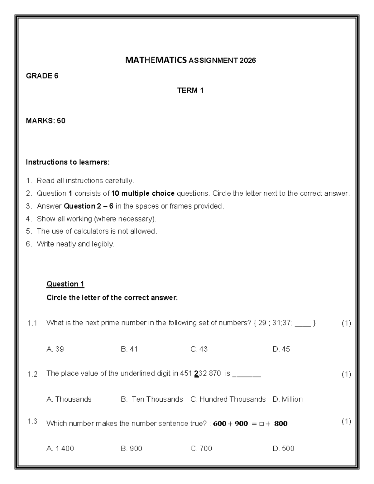 MATHEMATICS ASSIGNMENT GRADE 6 TERM 1 (2026) - MARKS: 50 - Studocu