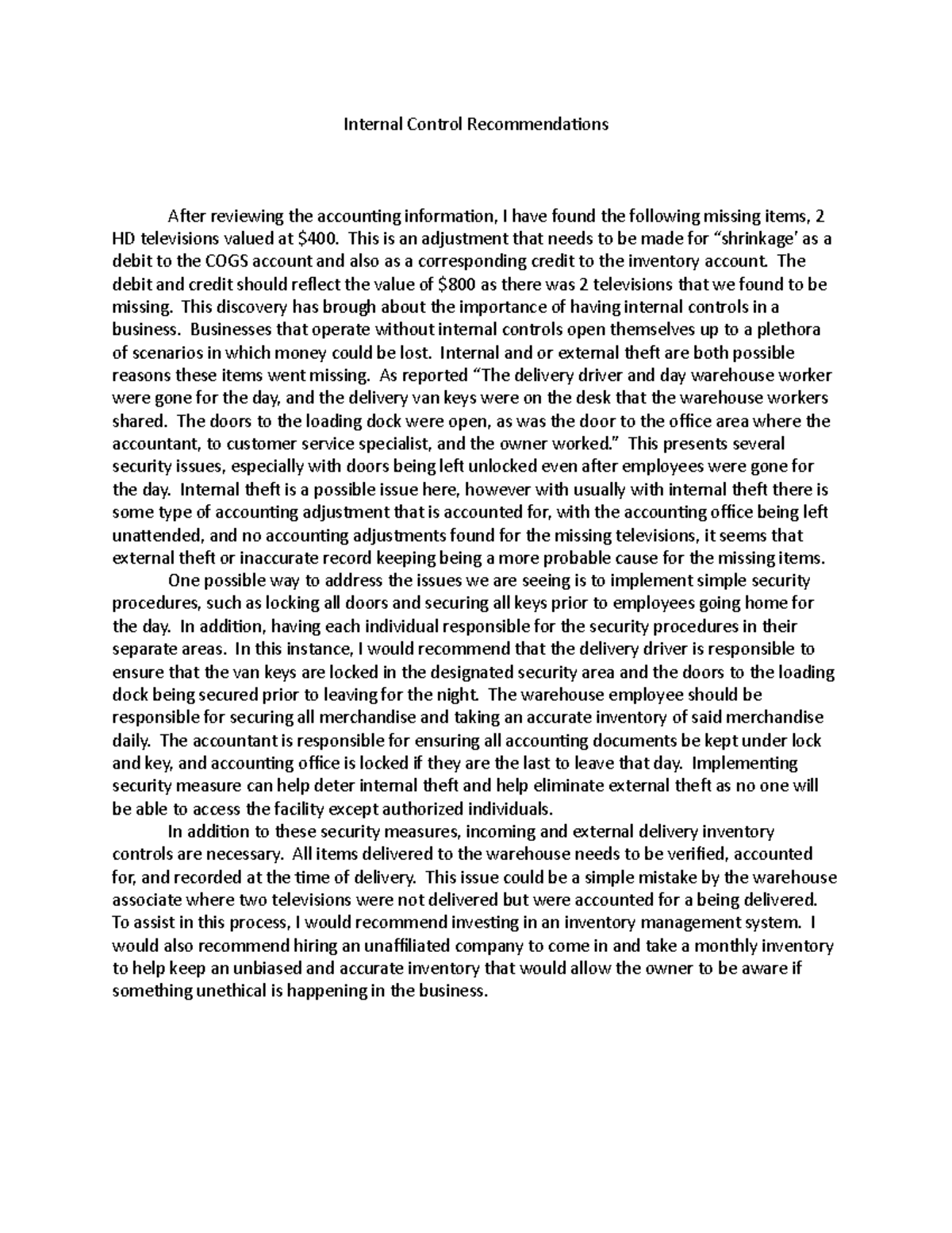 Internal Control Recommendations for Business Security Measures - Studocu