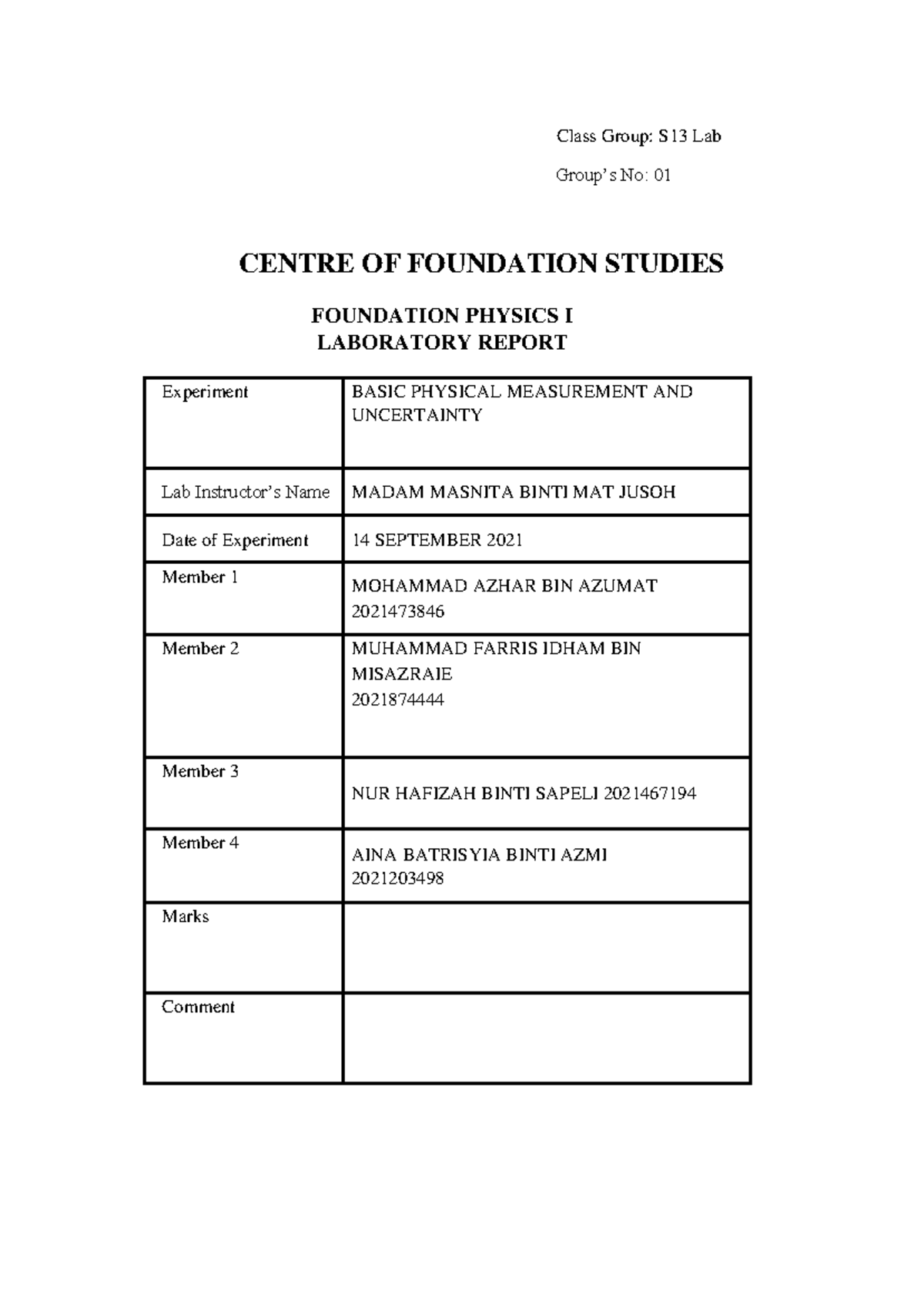 Lab Report ODL PHY1020 Basic Measurement: Experiment on Uncertainty ...