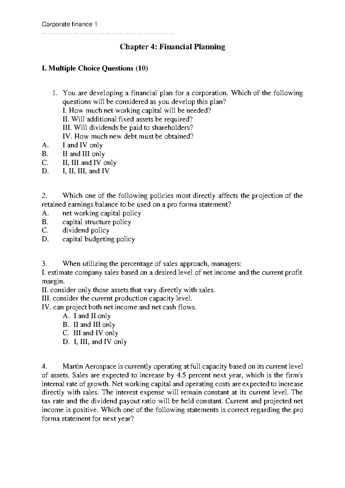 Corporate Finance 1: Chapter 4 Financial Planning - MCQs Review - Studocu