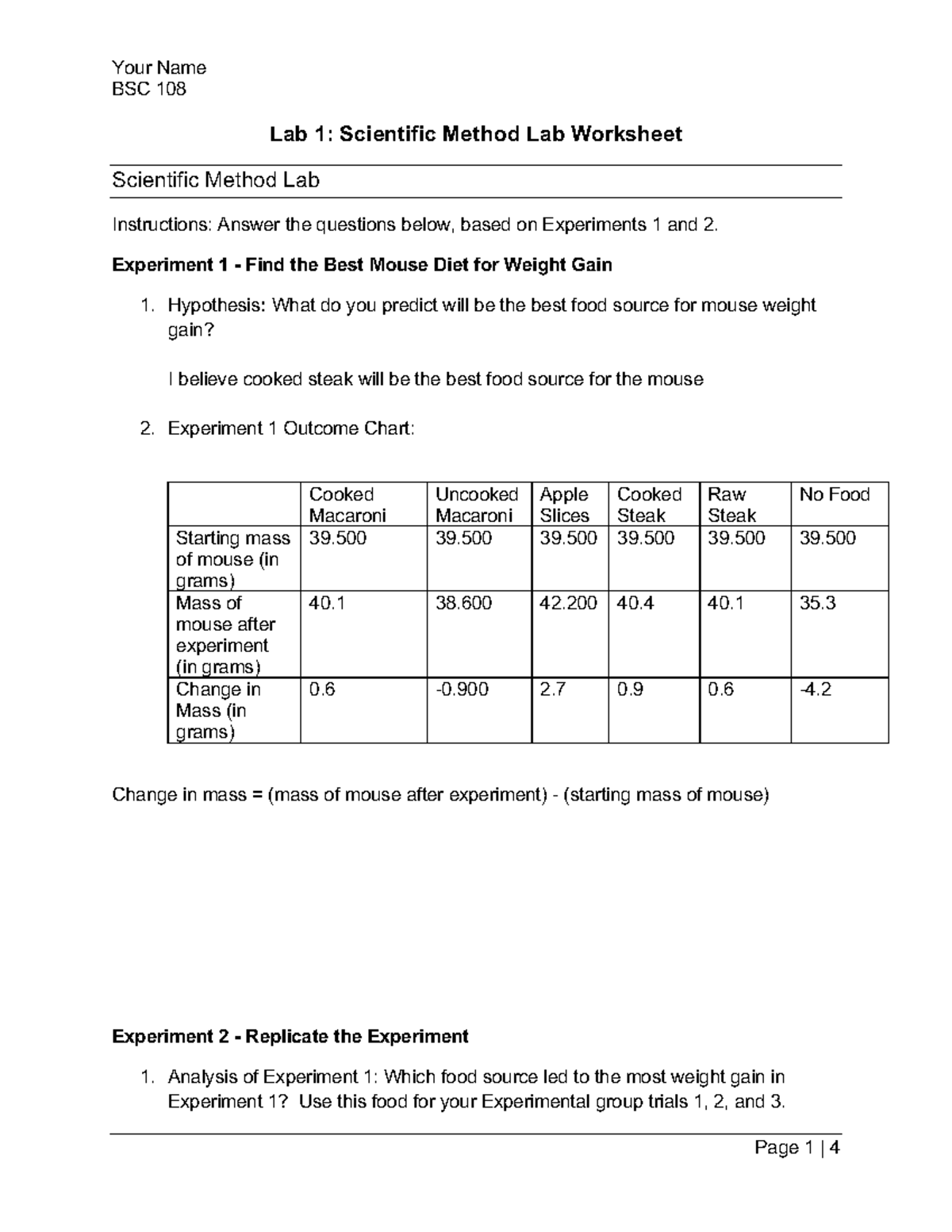 BSC 108 biology lab 1 - Your Name BSC 108 Lab 1: Scientific Method Lab ...