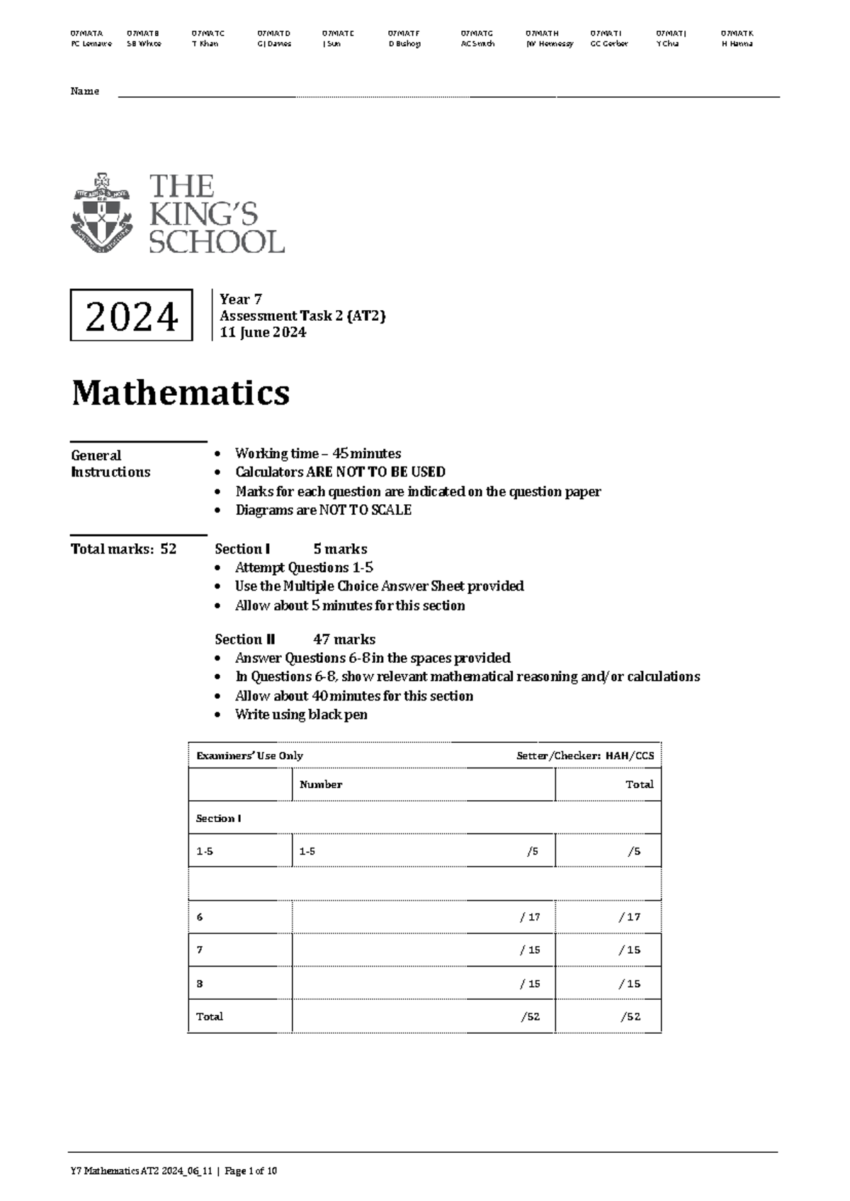 Year 7 Mathematics AT2 2024 with Solutions - Studocu
