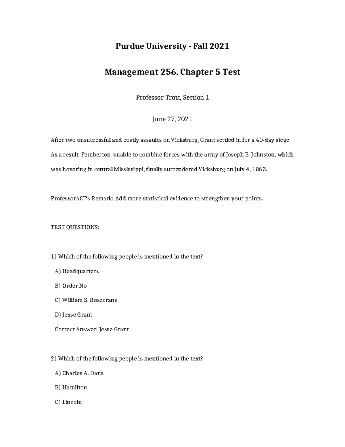 Management 256 Chapter 5 TEST - Purdue University - Fall 2021 ...