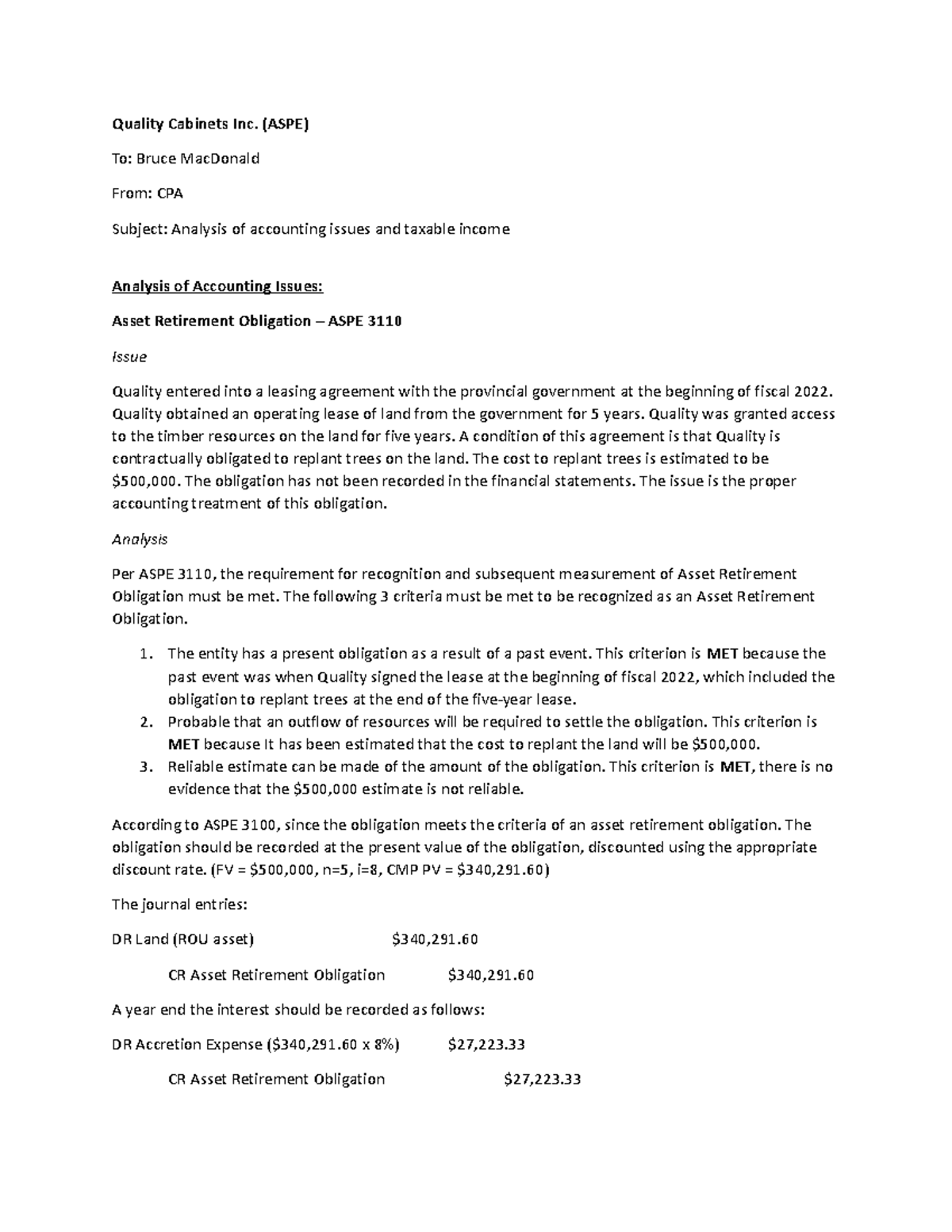 IP#5 - Analysis of Asset Retirement Obligation (ASPE 3110) - Studocu