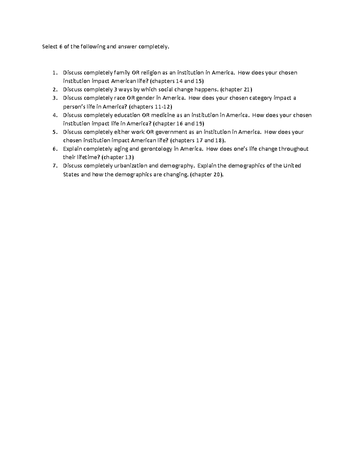 Final exam for soc 110 spring 2021 - Select 6 of the following and ...