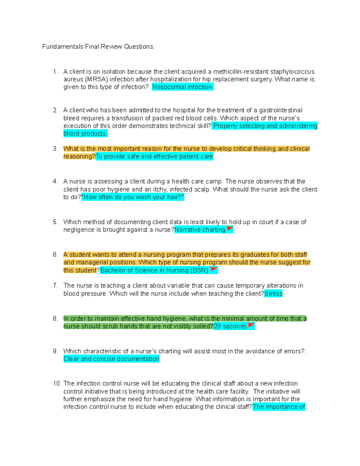 Fundamentals NUR 101 Final Exam Review Questions and Answers - Studocu