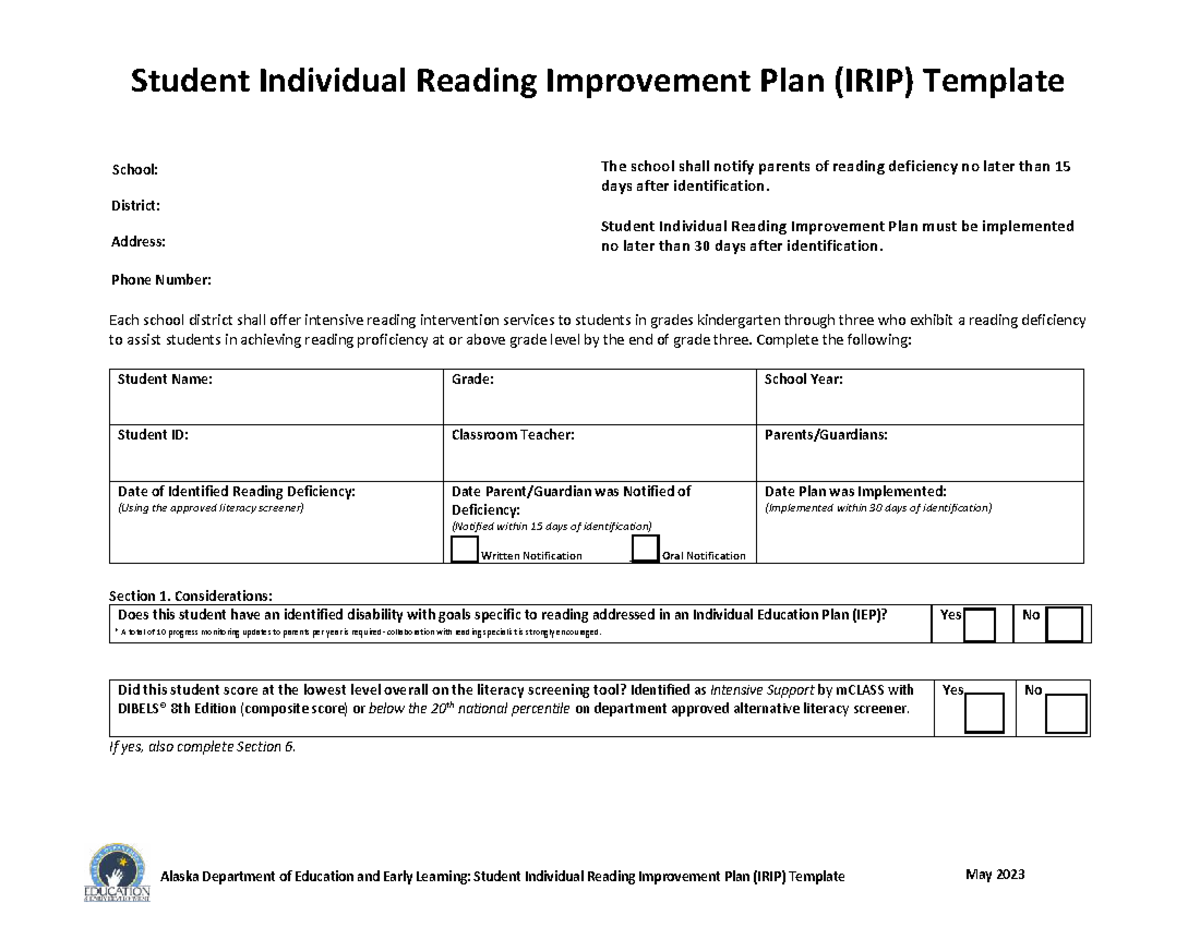 Student Individual Reading Improvement Plan (IRIP) Template - July 2023 ...
