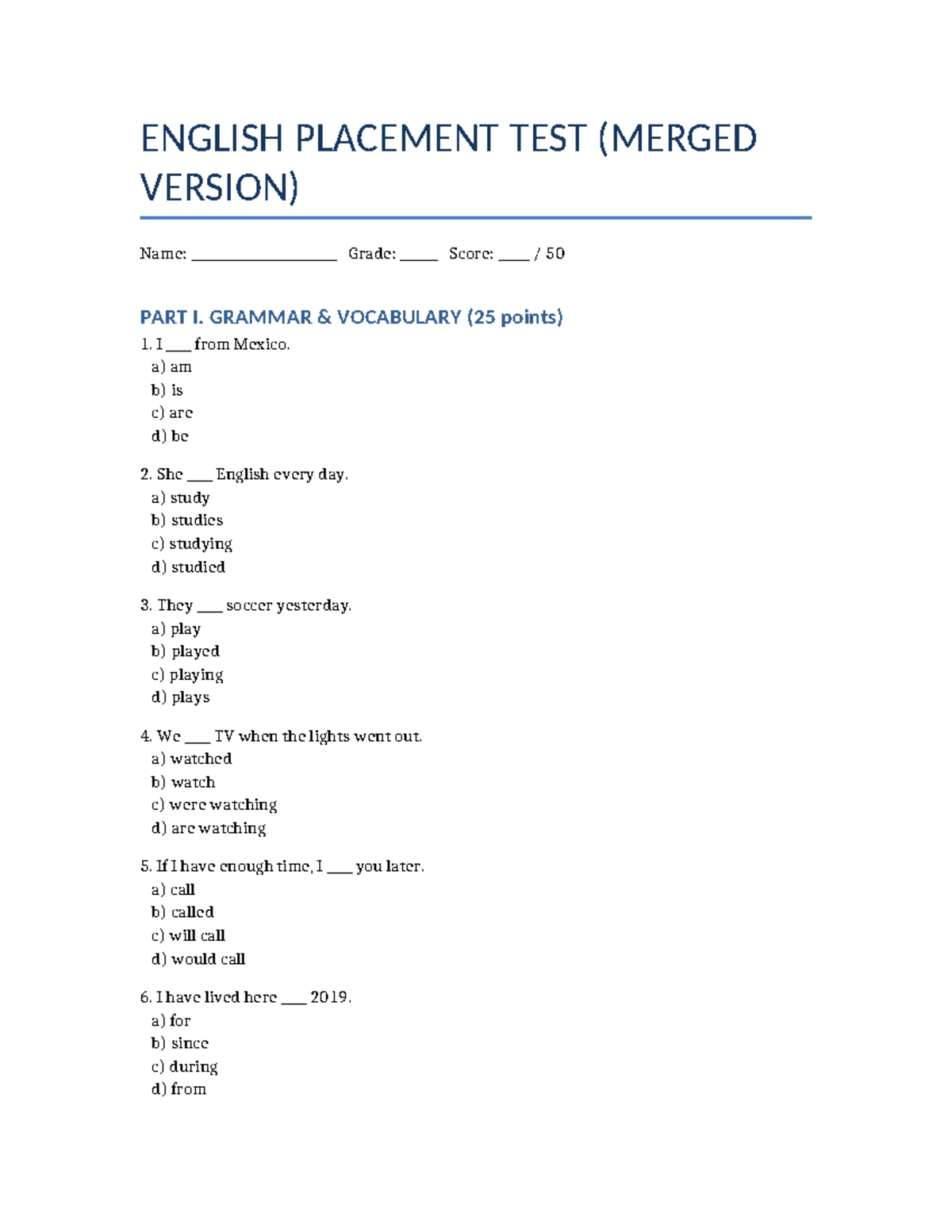 ENGLISH PLACEMENT TEST (MERGED VERSION) - FINAL EXAM - Studocu