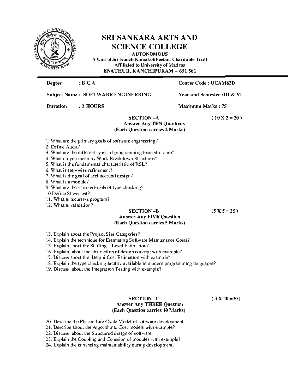 A21UCAM62D - Software Engineering Question Paper for III & VI Semesters ...