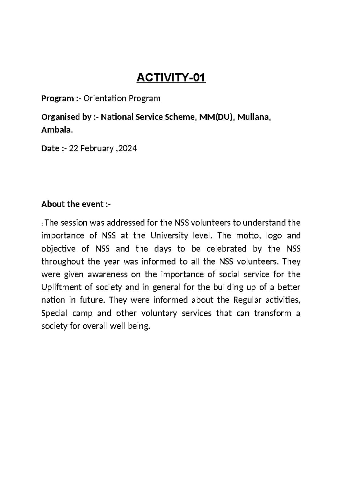 NSS Activities Overview: Events & Competitions at MM(DU), Mullana - Studocu