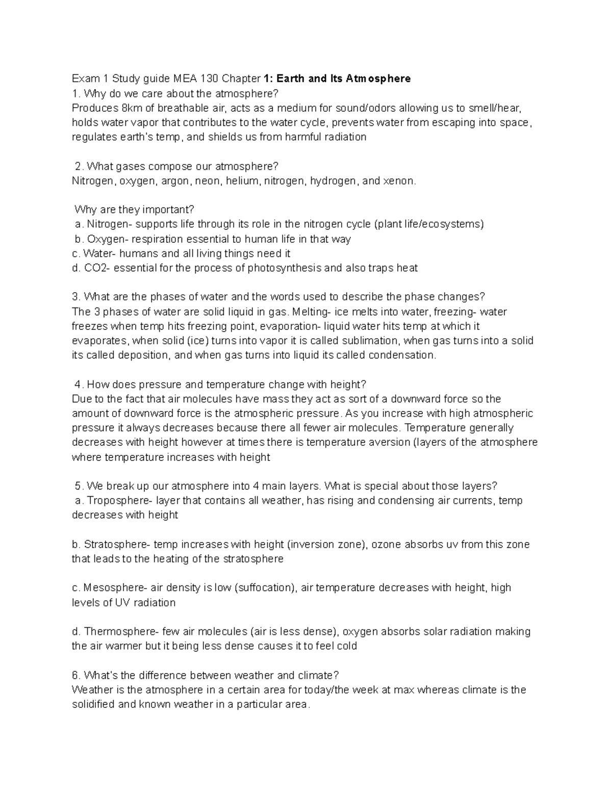 Weather Exam 1 Study Guide MEA 130: Atmosphere & Climate Insights - Studocu
