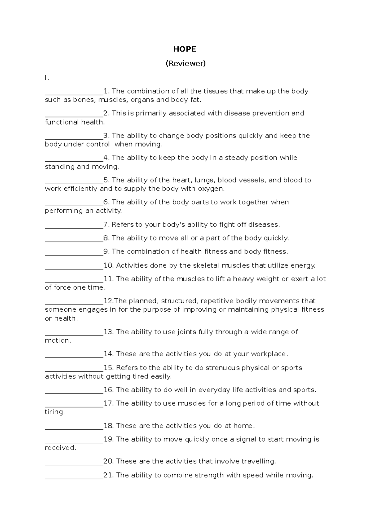 HOPE 1 GRADE 11 PHYSICAL FITNESS REVIEW QUESTIONS & ANSWERS - Studocu