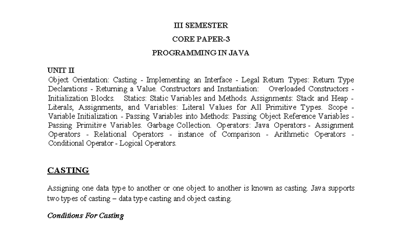 UNIT II - Object Orientation in Java: Casting, Interfaces, and More ...